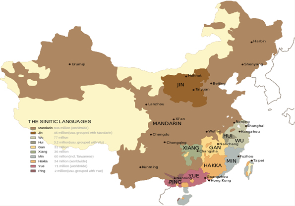 Mapa de los Idiomas Chino en el mundo